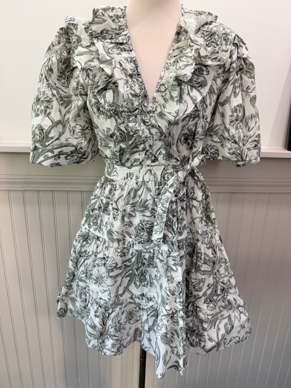 Caroline Constas Ivory Olive Floral Wrap Mini Dress Puff Sleeve Cotton NWT